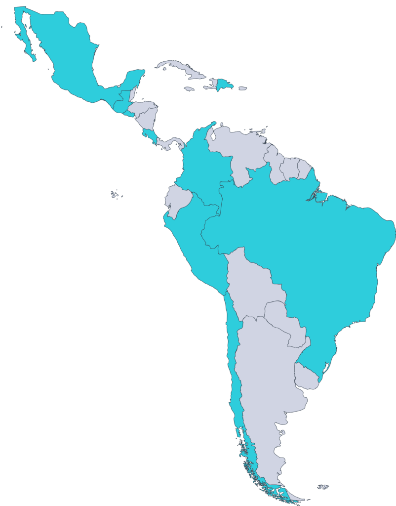 Map of Central and South America with Mexico, Guatemala, El Salvador, Costa Rica, Dominican Republic, Colombia, Peru, Chile, and Brazil highlighted.